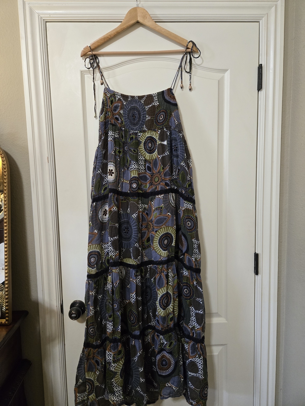 Urban Nomad Tiered Tie-Shoulder Maxi Dress in Olive & Navy Boho Drapey Floral